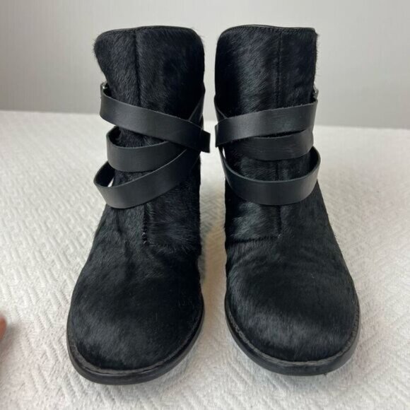 Matiko Boots Womens 6.5 Slip On Buckle Strap Ankle Bootie Black Fur Calf Heels - Picture 7 of 15